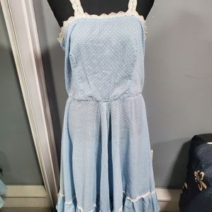 ♥ 2/$15 Vintage Gunne Sax Style Polka-dot Baby Blue Laced Prairie Dress Sz L